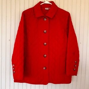Chicos Red Quilted Jacket Womens Size 2 Large Button Front Diamond Coat Pocket